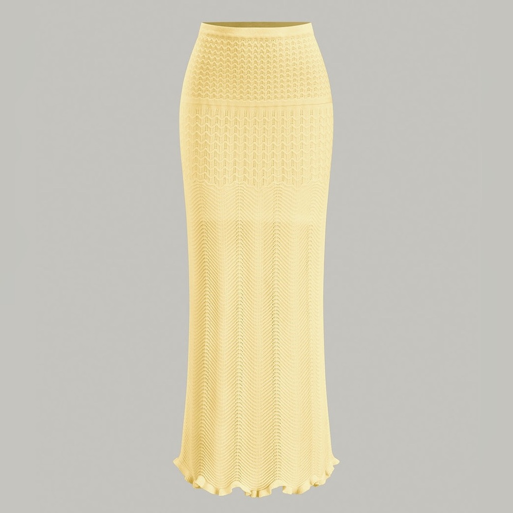 Commense Pastel Yellow Wave Pattern Knit Maxi Skirt